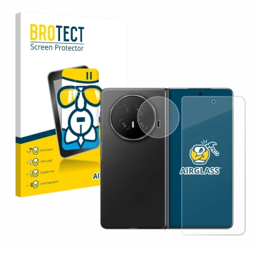 Face avant d’un emballage produit avec le logo de la marque BROTECT. À côté, l’appareil Honor Magic V5 (Avant+Caméra) est repr