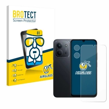 Face avant d’un emballage produit avec le logo de la marque BROTECT. À côté, l’appareil Xiaomi Redmi 15C (Avant+Caméra) est re