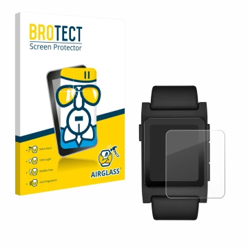 Face avant d’un emballage produit avec le logo de la marque BROTECT. À côté, l’appareil Pebble 2 Duo 2025 est représenté avec 