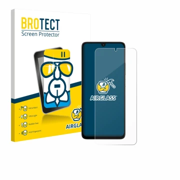 Face avant d’un emballage produit avec le logo de la marque BROTECT. À côté, l’appareil Motorola Moto G06 est représenté avec 