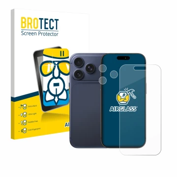 Face avant d’un emballage produit avec le logo de la marque BROTECT. À côté, l’appareil Apple iPhone 17 Pro (Avant+Caméra) est