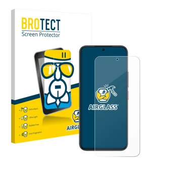 Face avant d’un emballage produit avec le logo de la marque BROTECT. À côté, l’appareil Nubia Air est représenté avec la prote