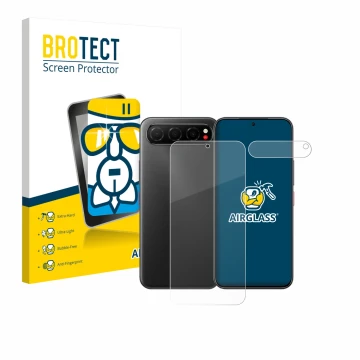 Face avant d’un emballage produit avec le logo de la marque BROTECT. À côté, l’appareil Nubia Air (Avant+Caméra) est représent