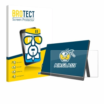 Face avant d’un emballage produit avec le logo de la marque BROTECT. À côté, l’appareil Arzopa ‎60HZ/A1 15.6