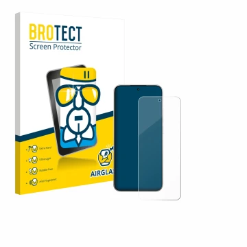 Face avant d’un emballage produit avec le logo de la marque BROTECT. À côté, l’appareil Xiaomi 15T est représenté avec la prot