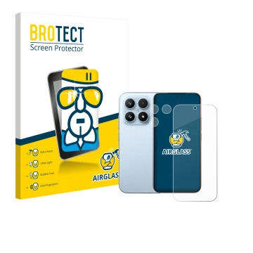 Face avant d’un emballage produit avec le logo de la marque BROTECT. À côté, l’appareil Xiaomi 17 (Avant+Caméra) est représent