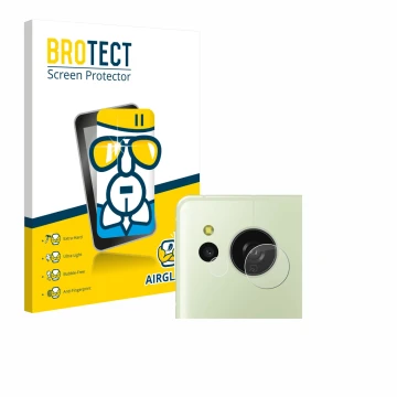 Face avant d’un emballage produit avec le logo de la marque BROTECT. À côté, l’appareil Sharp Aquos Sense 8 (Caméra UNIQUEMENT