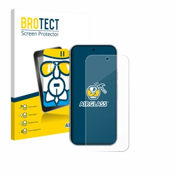 Face avant d’un emballage produit avec le logo de la marque BROTECT. À côté, l’appareil Google Pixel 9 (case-friendly) est rep