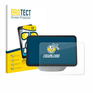 Face avant d’un emballage produit avec le logo de la marque BROTECT. À côté, l’appareil Amazon Echo Show 11 2025 est représent