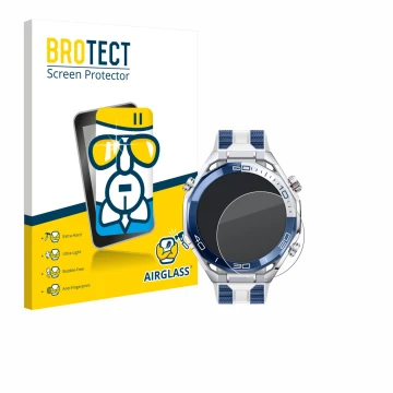 Face avant d’un emballage produit avec le logo de la marque BROTECT. À côté, l’appareil Huawei Watch Ultimate 2 Blue est repré