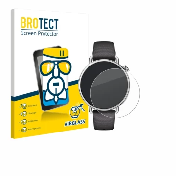 Face avant d’un emballage produit avec le logo de la marque BROTECT. À côté, l’appareil Xiaomi Watch S4 (41 mm) est représenté