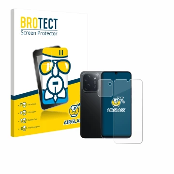 Face avant d’un emballage produit avec le logo de la marque BROTECT. À côté, l’appareil Xiaomi Poco C85 (Avant+Caméra) est rep