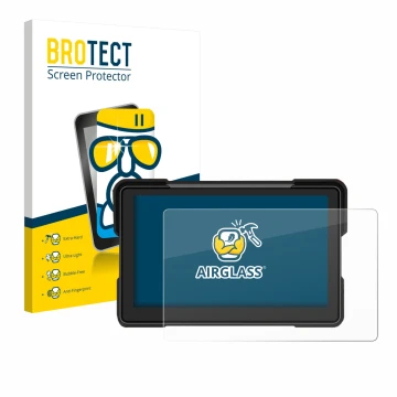 Face avant d’un emballage produit avec le logo de la marque BROTECT. À côté, l’appareil Airpuxem Motorrad Carplay 7