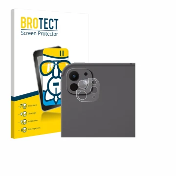 Face avant d’un emballage produit avec le logo de la marque BROTECT. À côté, l’appareil Apple iPad Pro 13