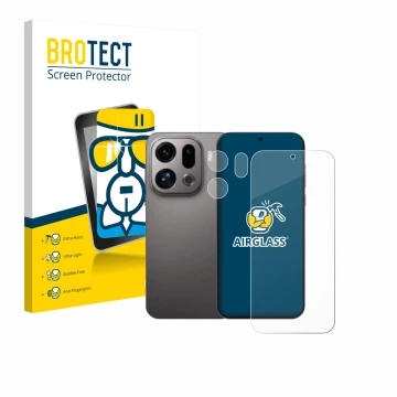 Face avant d’un emballage produit avec le logo de la marque BROTECT. À côté, l’appareil Oppo Find X9 (Avant+Caméra) est représ