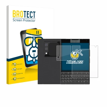 Face avant d’un emballage produit avec le logo de la marque BROTECT. À côté, l’appareil Unihertz Titan 2 (Avant+Caméra) est re