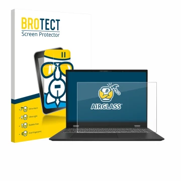 Face avant d’un emballage produit avec le logo de la marque BROTECT. À côté, l’appareil MSI Prestige 16 AI Evo B1M est représe