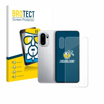 Face avant d’un emballage produit avec le logo de la marque BROTECT. À côté, l’appareil OnePlus 15R (Avant+Caméra) est représe