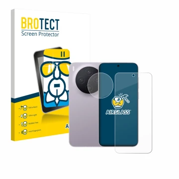 Face avant d’un emballage produit avec le logo de la marque BROTECT. À côté, l’appareil Vivo X300 (Avant+Caméra) est représent