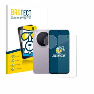 Face avant d’un emballage produit avec le logo de la marque BROTECT. À côté, l’appareil Vivo X300 Pro (Avant+Caméra) est repré