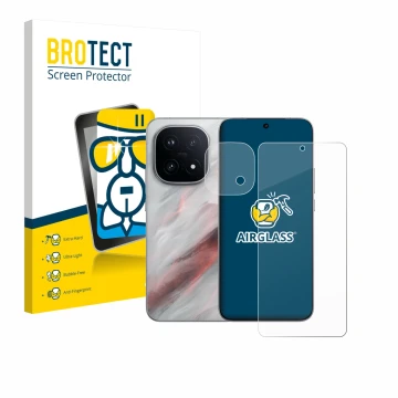 Face avant d’un emballage produit avec le logo de la marque BROTECT. À côté, l’appareil Vivo iQOO 15 (Avant+Caméra) est représ