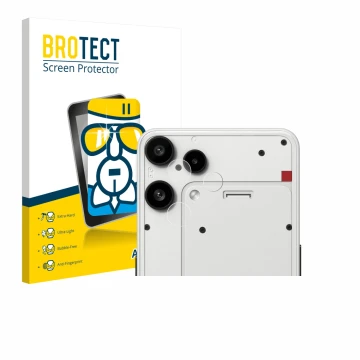 Face avant d’un emballage produit avec le logo de la marque BROTECT. À côté, l’appareil Nothing Phone (3a) Lite (Caméra UNIQUE