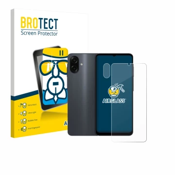 Face avant d’un emballage produit avec le logo de la marque BROTECT. À côté, l’appareil Samsung Galaxy A07 (Avant+Caméra) est 