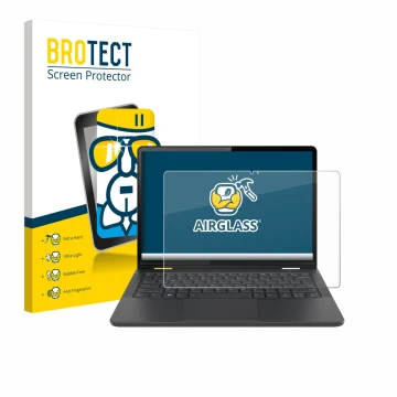 Face avant d’un emballage produit avec le logo de la marque BROTECT. À côté, l’appareil Lenovo 13w Yoga Gen 2 est représenté a