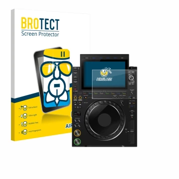 Face avant d’un emballage produit avec le logo de la marque BROTECT. À côté, l’appareil Pioneer CDJ 3000X est représenté avec 