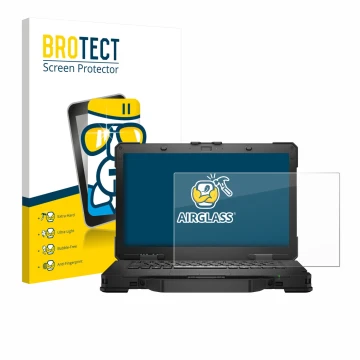 Face avant d’un emballage produit avec le logo de la marque BROTECT. À côté, l’appareil Dell Pro Rugged 14 Laptop est représen