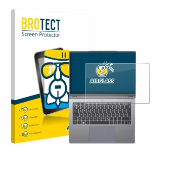 Face avant d’un emballage produit avec le logo de la marque BROTECT. À côté, l’appareil Tuxedo InfinityBook Pro 14 Gen 10 est 