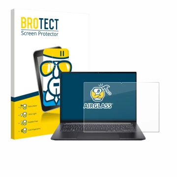 Face avant d’un emballage produit avec le logo de la marque BROTECT. À côté, l’appareil Acer Swift X 14 SFX14-73G Touch est re