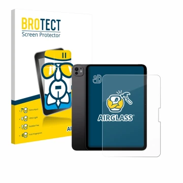 Face avant d’un emballage produit avec le logo de la marque BROTECT. À côté, l’appareil Apple iPad Pro 11