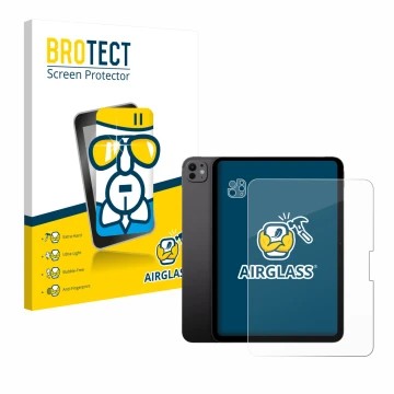 Face avant d’un emballage produit avec le logo de la marque BROTECT. À côté, l’appareil Apple iPad Pro 11