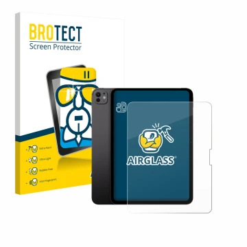 Face avant d’un emballage produit avec le logo de la marque BROTECT. À côté, l’appareil Apple iPad Pro 13