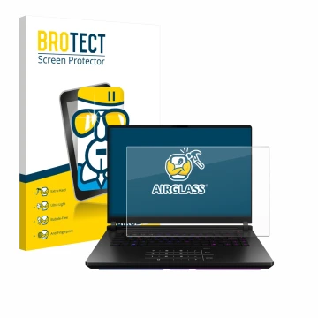 Face avant d’un emballage produit avec le logo de la marque BROTECT. À côté, l’appareil ASUS ROG Strix SCAR 18 2025 est représ