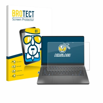 Face avant d’un emballage produit avec le logo de la marque BROTECT. À côté, l’appareil ASUS ROG Zephyrus G14 2025 GA403 est r