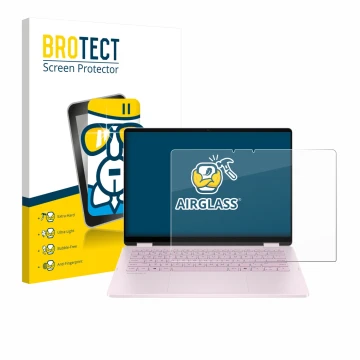 Face avant d’un emballage produit avec le logo de la marque BROTECT. À côté, l’appareil HP OmniBook 5 Flip 14 14-fp0153ng est 