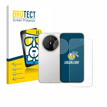 Face avant d’un emballage produit avec le logo de la marque BROTECT. À côté, l’appareil Huawei Mate 70 Air (Avant+Caméra) est 