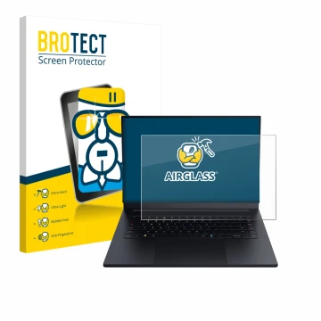 Face avant d’un emballage produit avec le logo de la marque BROTECT. À côté, l’appareil Razer Blade 16 2025 est représenté ave