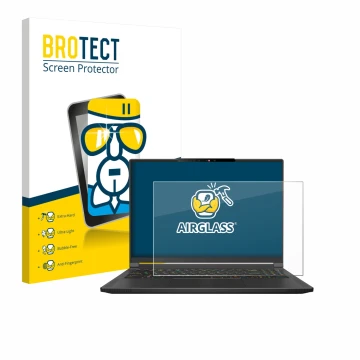 Face avant d’un emballage produit avec le logo de la marque BROTECT. À côté, l’appareil MSI Stealth A16 AI+ est représenté ave