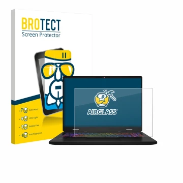 Face avant d’un emballage produit avec le logo de la marque BROTECT. À côté, l’appareil MSI Vector 16 HX AI est représenté ave