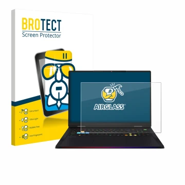 Face avant d’un emballage produit avec le logo de la marque BROTECT. À côté, l’appareil MSI Raider 18 HX AI 2025 est représent