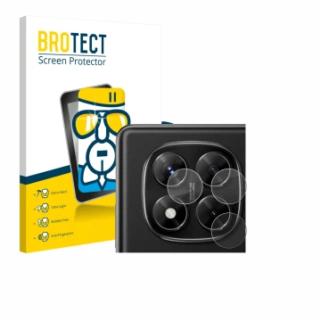 Face avant d’un emballage produit avec le logo de la marque BROTECT. À côté, l’appareil Xiaomi Redmi Note 14 Pro 4G (Caméra UN