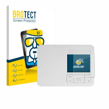 Face avant d’un emballage produit avec le logo de la marque BROTECT. À côté, l’appareil Canon Selphy CP1500 Mini est représent