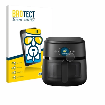 Face avant d’un emballage produit avec le logo de la marque BROTECT. À côté, l’appareil Philips Airfryer 2000 Gen 2 6,2L est r