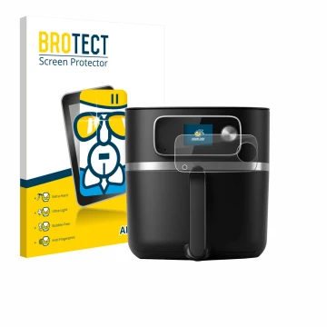 Face avant d’un emballage produit avec le logo de la marque BROTECT. À côté, l’appareil Philips Airfryer HD9880/90 est représe