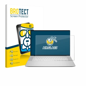 Face avant d’un emballage produit avec le logo de la marque BROTECT. À côté, l’appareil Dell 16 Premium Laptop est représenté 