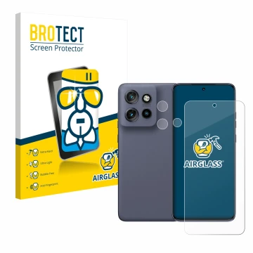 Face avant d’un emballage produit avec le logo de la marque BROTECT. À côté, l’appareil Motorola Edge 60 Neo (Avant+Caméra) es