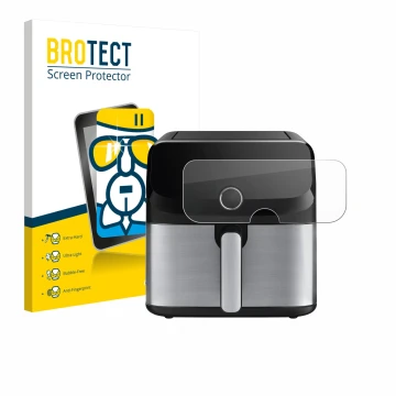 Face avant d’un emballage produit avec le logo de la marque BROTECT. À côté, l’appareil Tefal Easy Fry Mega est représenté ave